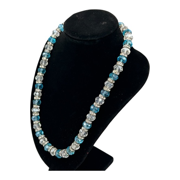 Blue & Clear Faceted Glass Bead Necklace w/ Rhinestone Spacers - Picture 8 of 17